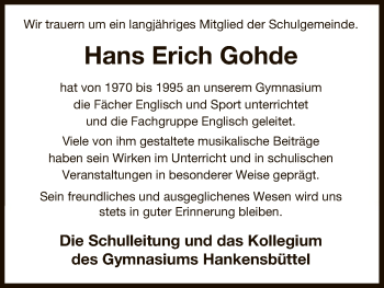 Traueranzeige von Hans Erich Gohde von Uelzen