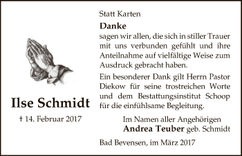 Traueranzeige von Ilse Schmidt von Uelzen