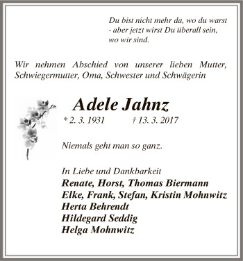 Traueranzeige von Adele Jahnz von Uelzen