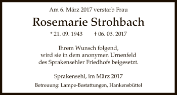 Traueranzeige von Rosemarie Strohbach von Uelzen