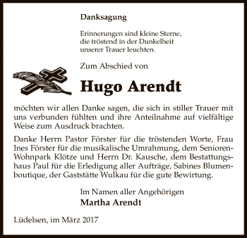 Traueranzeige von Hugo Arendt von Uelzen