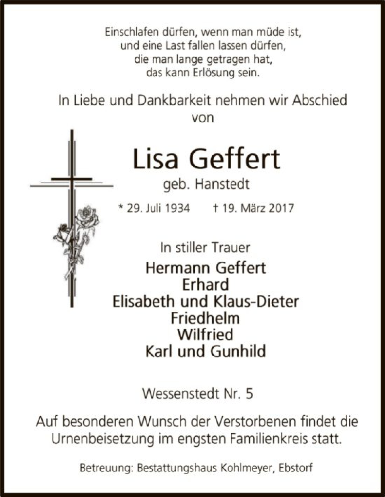  Traueranzeige für Lisa Geffert vom 25.03.2017 aus Uelzen