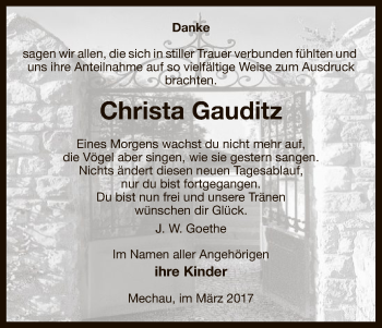 Traueranzeige von Christa Gauditz von Uelzen