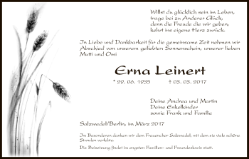 Traueranzeige von Erna Leinert von Uelzen