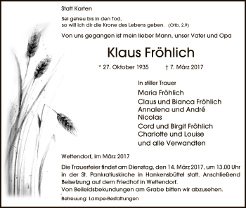 Traueranzeige von Klaus Fröhlich von Uelzen