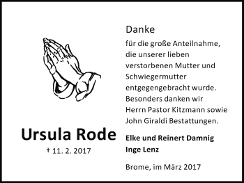 Traueranzeige von Ursula Rode von Uelzen