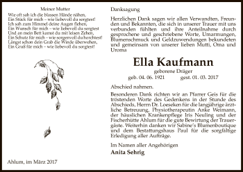 Traueranzeige von Ella Kaufmann von Uelzen