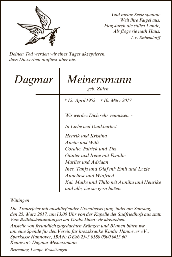 Traueranzeige von Dagmar Meinersmann von Uelzen