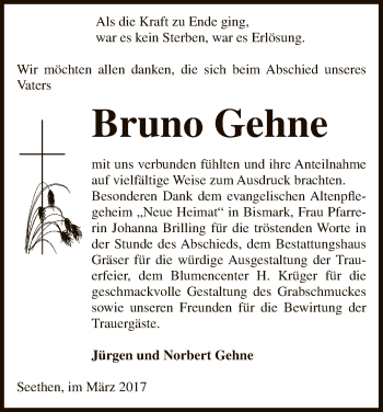 Traueranzeige von Bruno Gehne von Uelzen