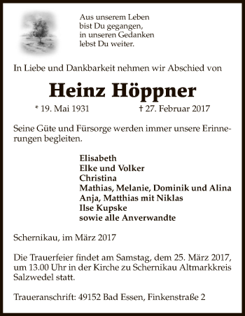 Traueranzeige von Heinz Höppner von Uelzen