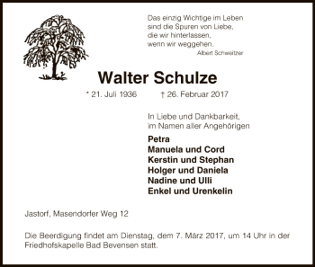 Traueranzeige von Walter Schulze von Uelzen