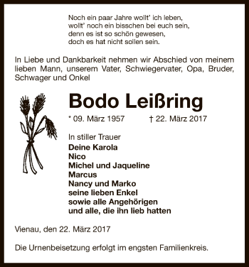 Traueranzeige von Bodo Leißring von Uelzen