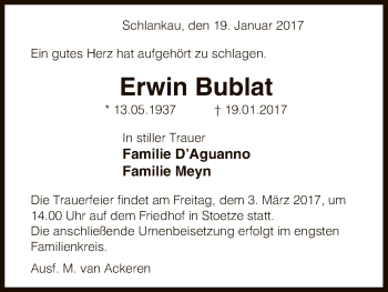 Traueranzeige von Erwin Bublat von Uelzen