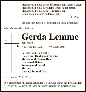 Traueranzeige von Gerda Lemme von Uelzen