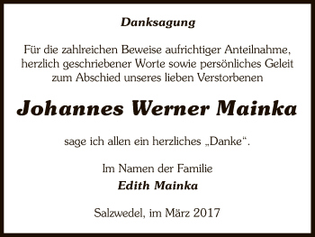 Traueranzeige von Johannes Werner Mainka von Uelzen