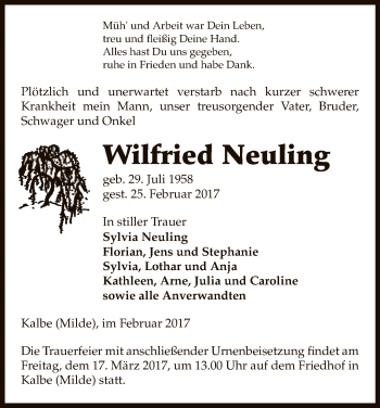 Traueranzeige von Wilfried Neuling von Uelzen