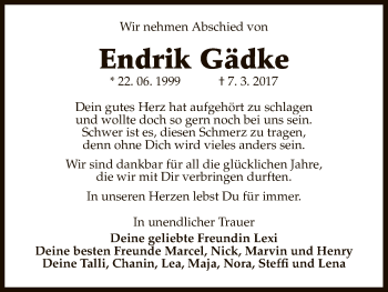 Traueranzeige von Endrik Gädke von Uelzen