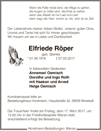Traueranzeige von Elfriede Röper von Uelzen