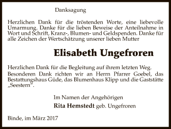 Traueranzeige von Elisabeth Ungefroren von Uelzen