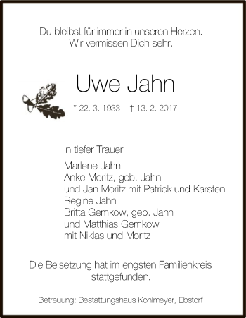 Traueranzeige von Uwe Jahn von Uelzen