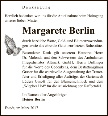 Traueranzeige von Margarete Berlin von Uelzen