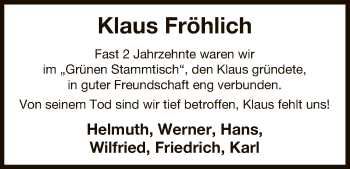 Traueranzeige von Klaus Fröhlich von Uelzen