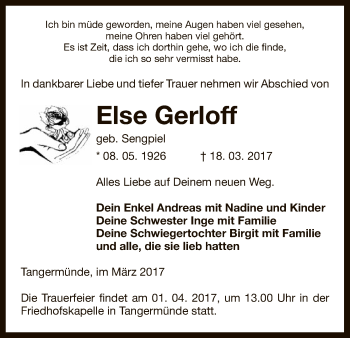 Traueranzeige von Else Gerloff von Uelzen