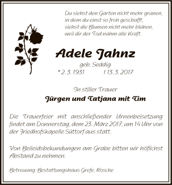 Traueranzeige von Adele Jahnz von Uelzen