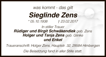 Traueranzeige von Sieglinde Zens von Uelzen