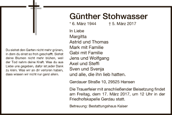 Traueranzeige von Günther Stohwasser von Uelzen