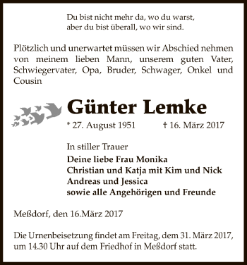 Traueranzeige von Günter Lemke von Uelzen