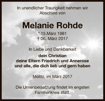 Traueranzeige von Melanie Rohde von Uelzen