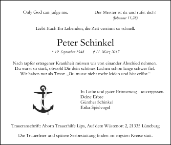 Traueranzeige von Peter Schinkel von Uelzen