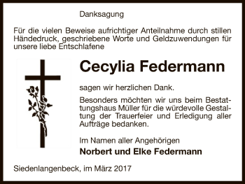 Traueranzeige von Cecylia Federmann von Uelzen