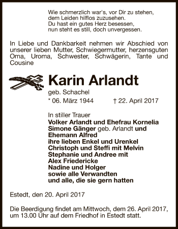 Traueranzeige von Karin Arlandt von Uelzen