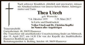 Traueranzeige von Thea Utech von Uelzen