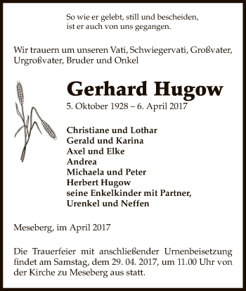 Traueranzeige von Gerhard Hugow von Uelzen