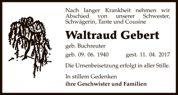 Traueranzeige von Waltraud Gebert von Uelzen