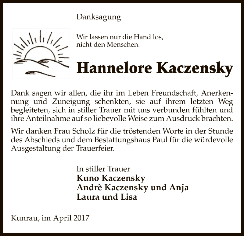  Traueranzeige für Hannelore Kaczensky vom 08.04.2017 aus Uelzen