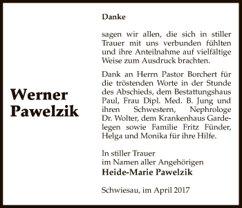 Traueranzeige von Werner Pawelzik von Uelzen