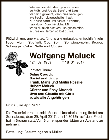 Traueranzeige von Wolfgang Maluck von Uelzen