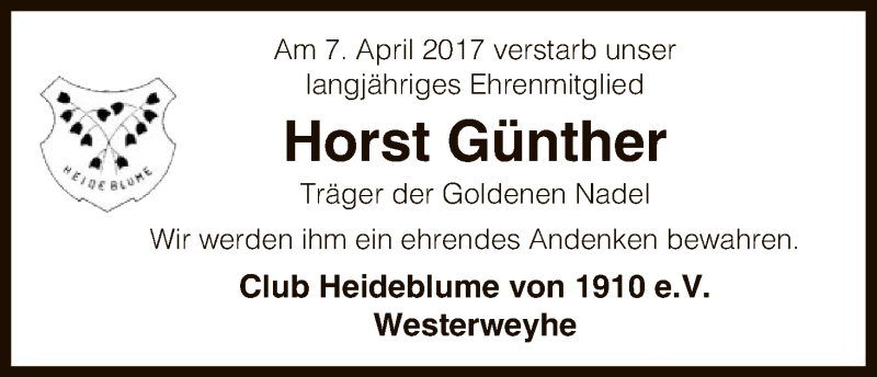  Traueranzeige für Horst Günther vom 11.04.2017 aus Uelzen