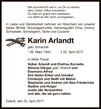 Traueranzeige von Karin Arlandt von Uelzen