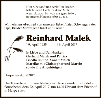 Traueranzeige von Reinhard Malek von Uelzen