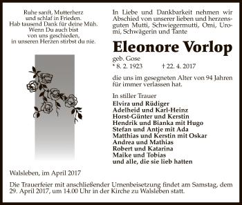 Traueranzeige von Eleonore Vorlop von Uelzen