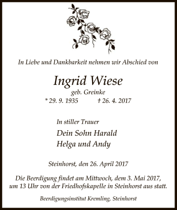 Traueranzeige von Ingrid Wiese von Uelzen