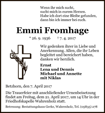 Traueranzeige von Emmi Fromhage von Uelzen