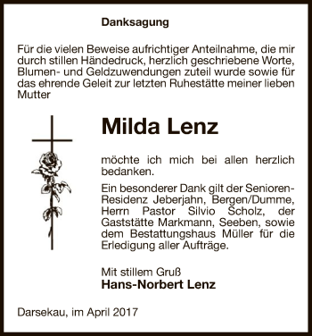 Traueranzeige von Milda Lenz von Uelzen