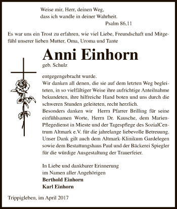 Traueranzeige von Anni Einhorn von Uelzen