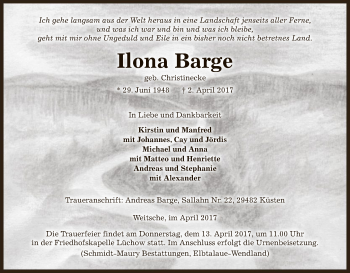 Traueranzeige von Ilona Barge von Uelzen